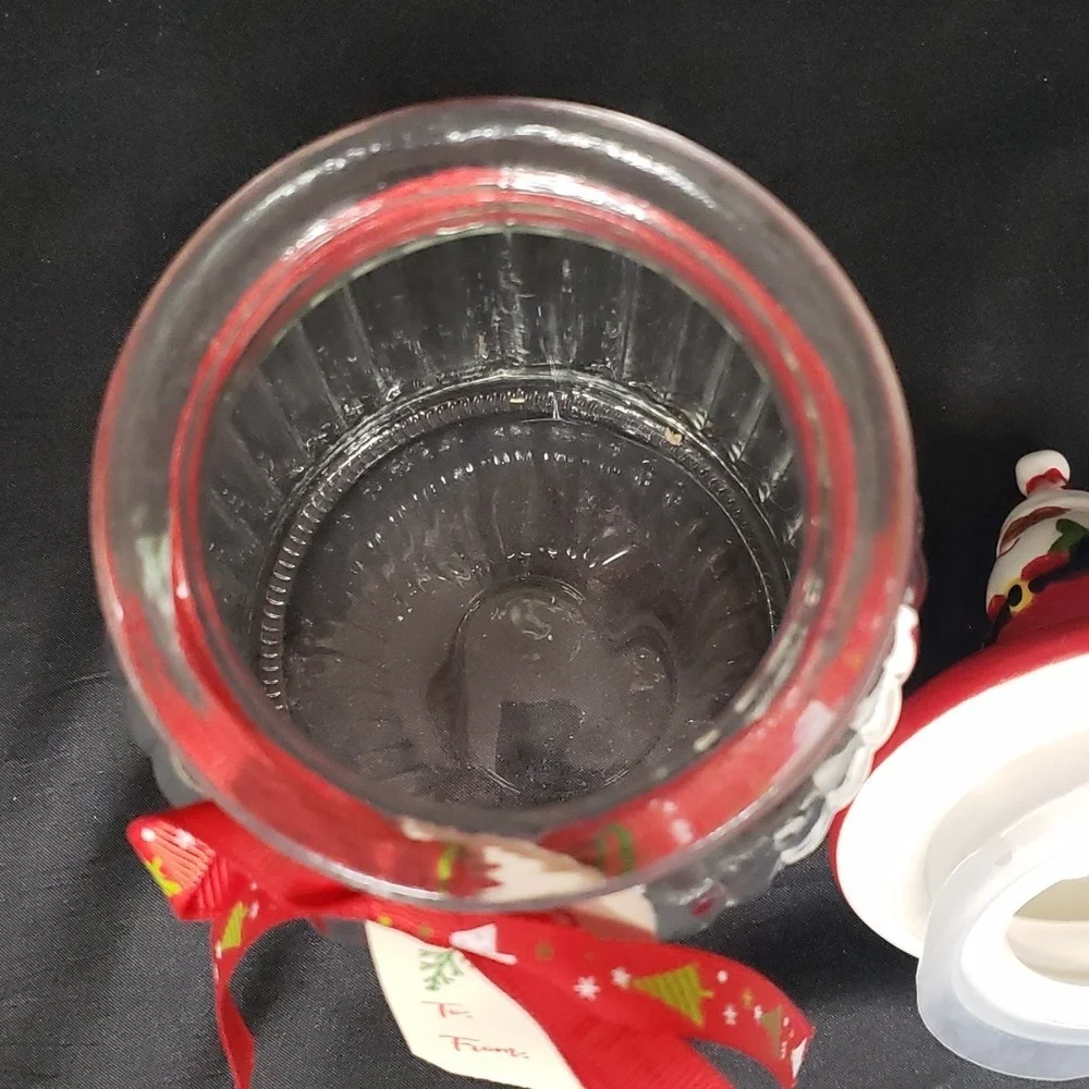 Clear Ribbed Glass Jar with Ceramic Black Santa with Tree Lid